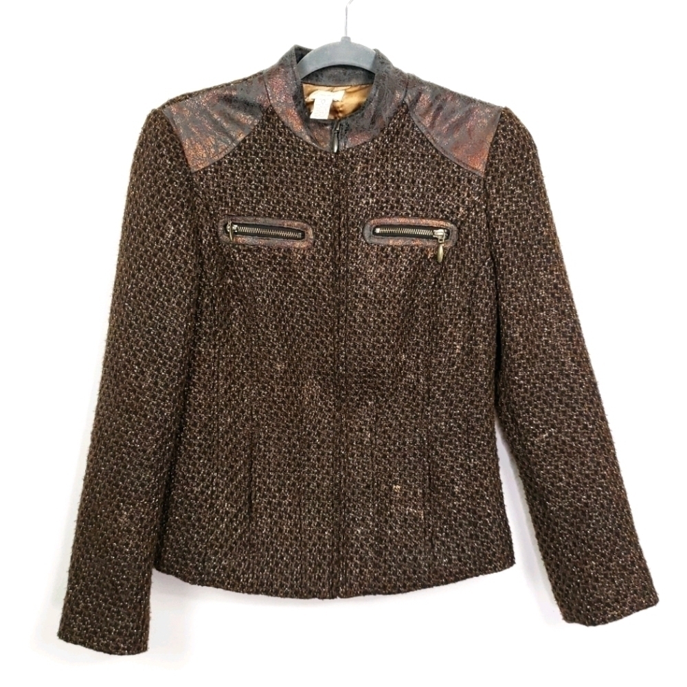 Chico's Chocolate Front Zip Dual chest pocket Foil Accent Shoulders chico size 0 - Picture 3 of 8
